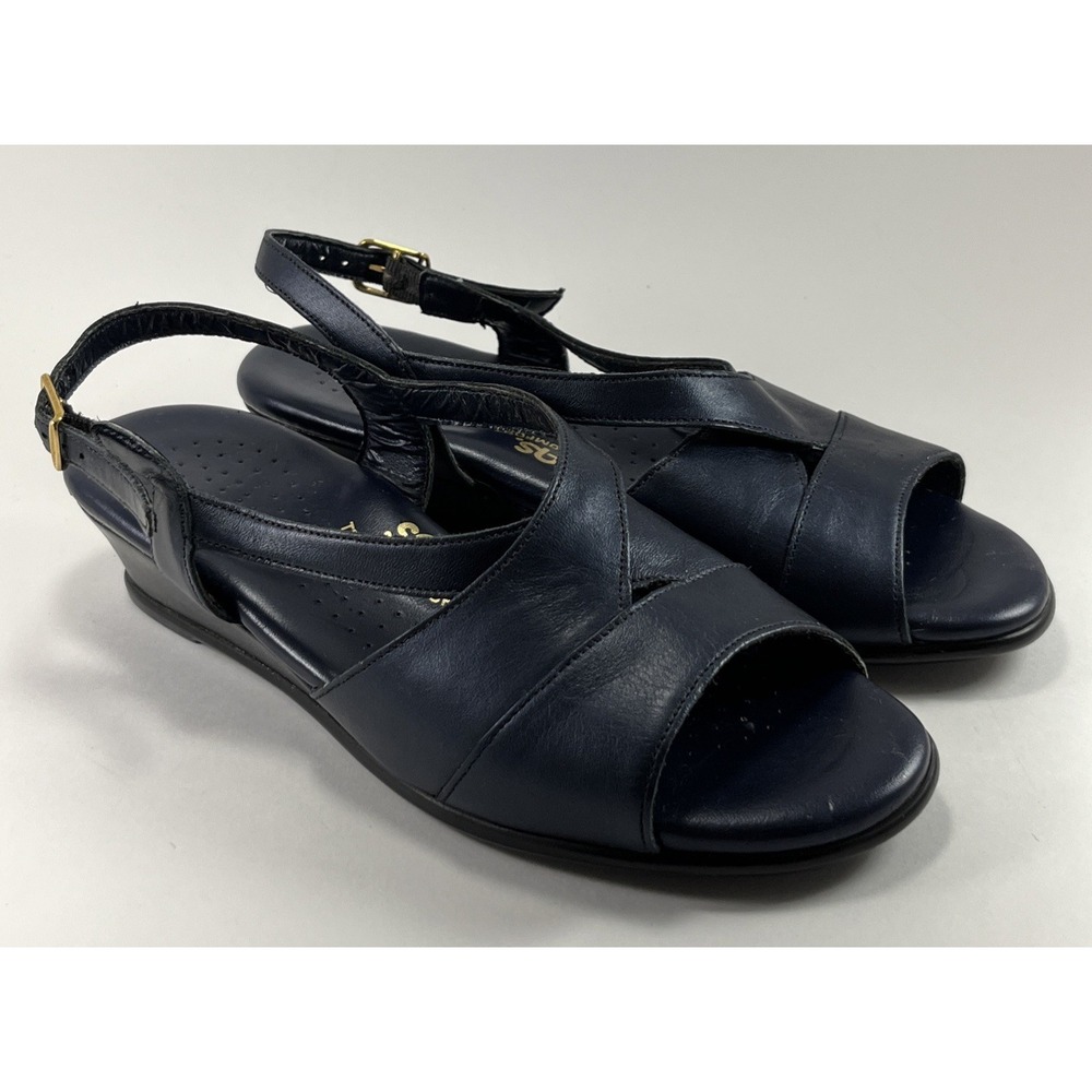 SAS Caress Wedge Sandals Navy Size 7 M Blue Slingback Leather Tripad Comfort - Picture 4 of 11